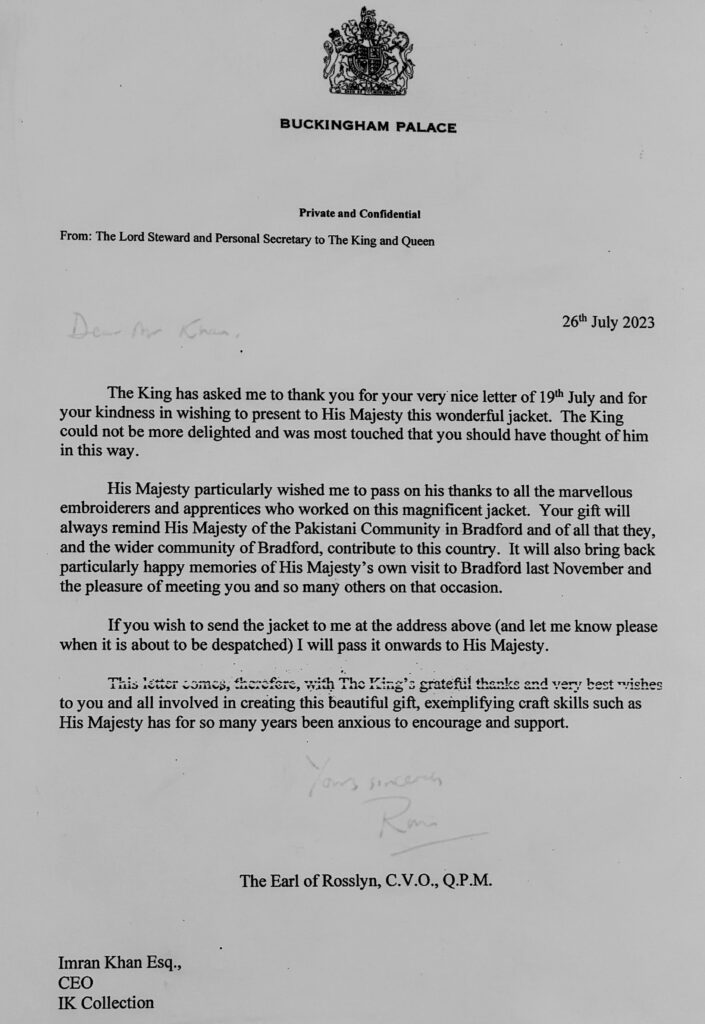 Letter from the Royal Household about an IK Collection jacket for King Charles III