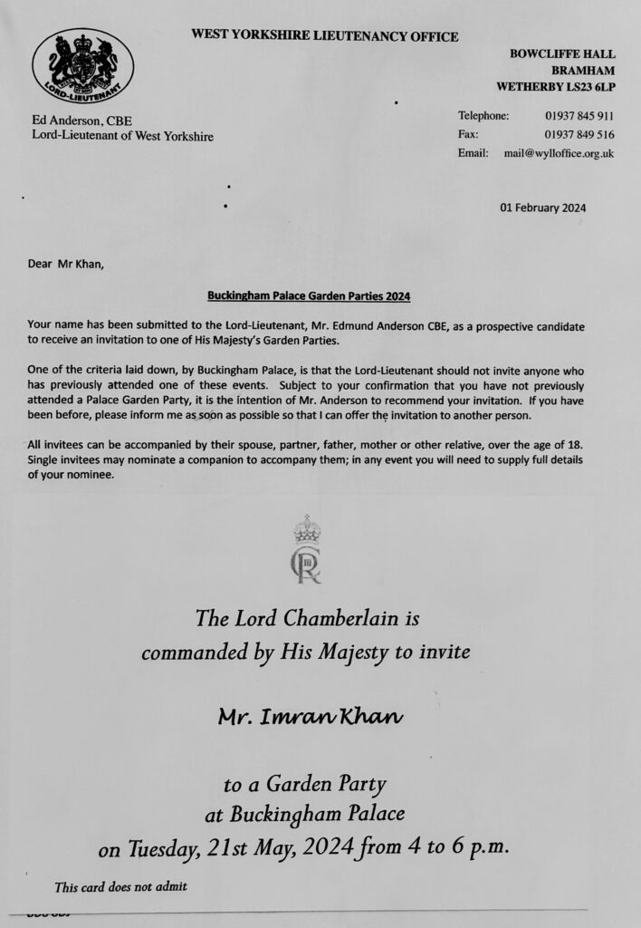 Invitation to a royal investiture at Buckingham Palace